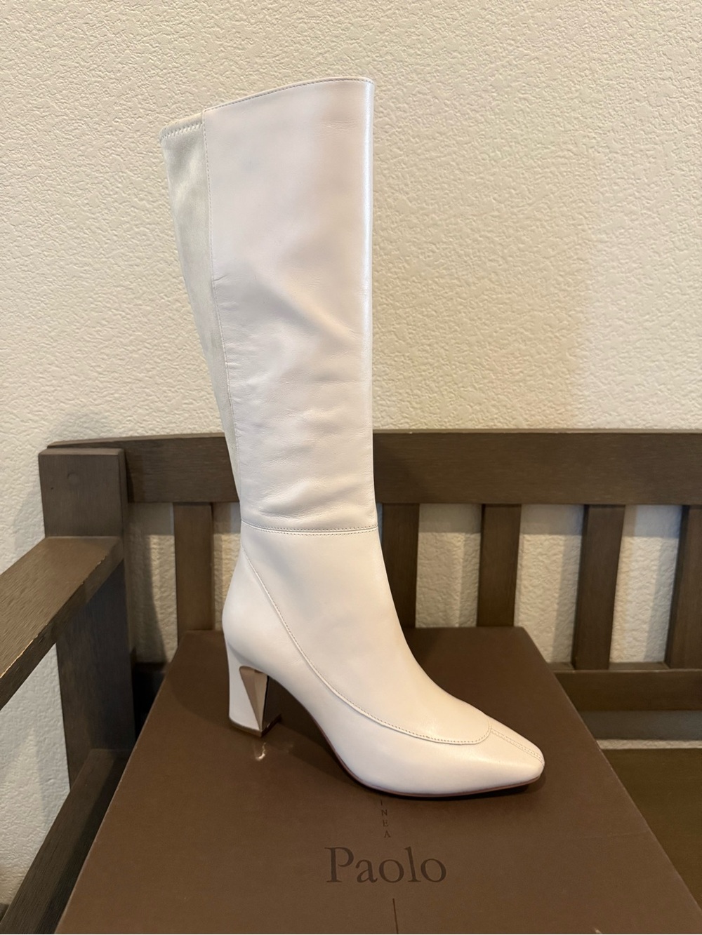 NWT White Leather Knee-High Heel Boots
